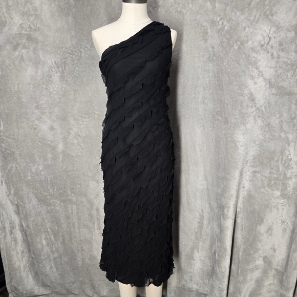 Anne Klein Black Silk One Shoulder Ruffle Dress Womens Size 12 Elegant Party - Picture 1 of 12